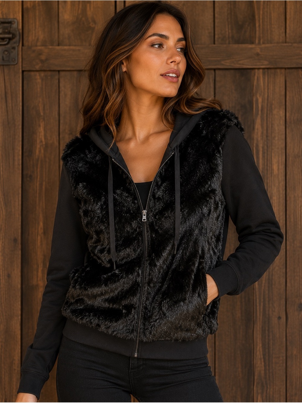 Black Victoria's Secret PINK hoodie featuring a faux fur body